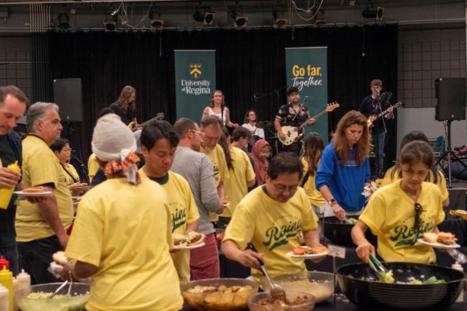 A band playing while people eat lunch