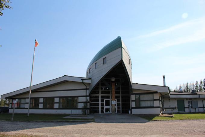 A wide shot of the front of a college building