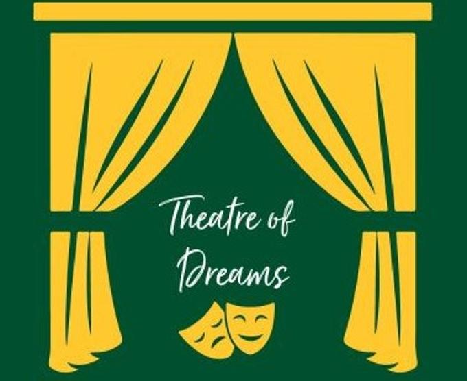 Graphic image showing yellow theatre curtains and theatre masks on green background and text saying Theatre of Dreams