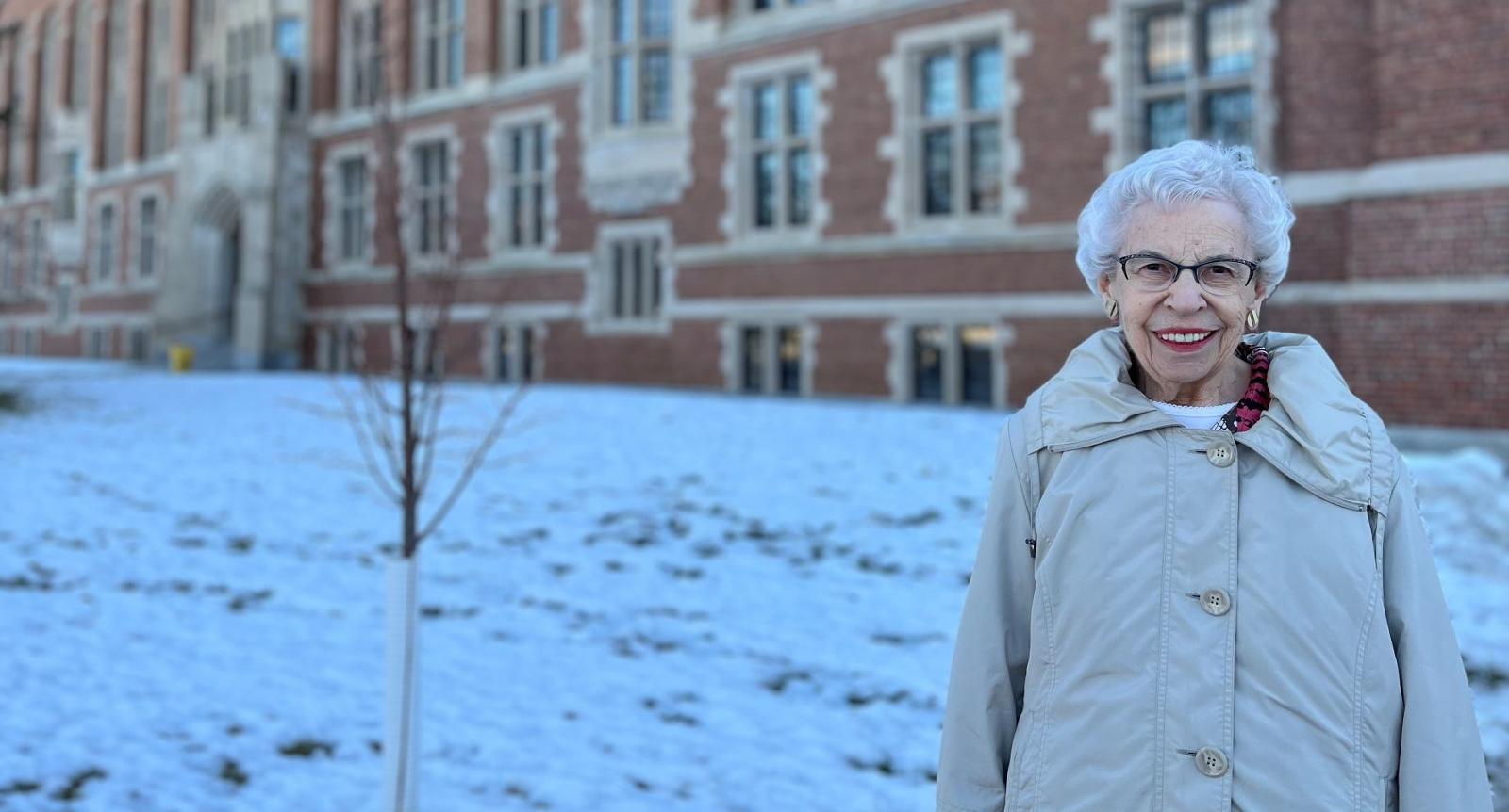 Margaret Hammond stands outside at the College Avenue Campus.