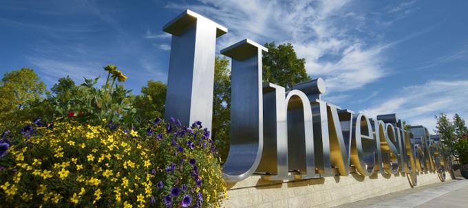 Purple and yellow flowers in the foreground in front of a University of Regina sign.