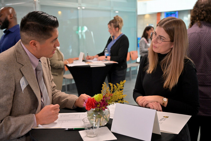 Student speaking to employer