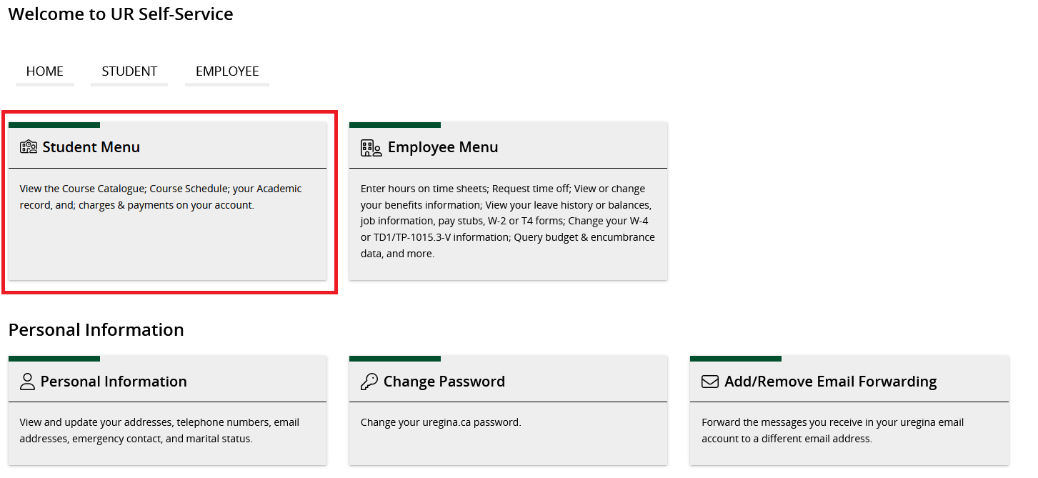 Screenshot of Student Menu