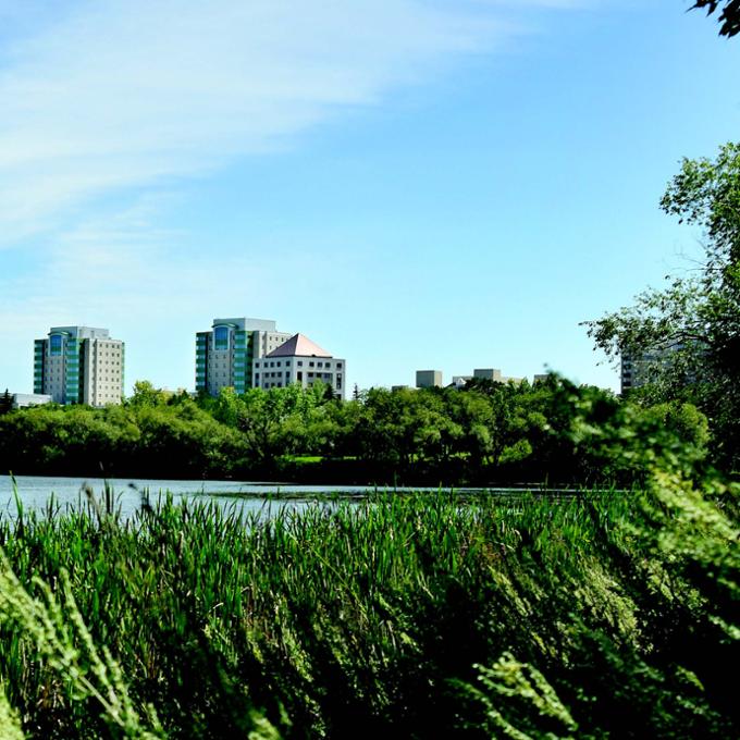 view of the University of Regina across Wascana Lake