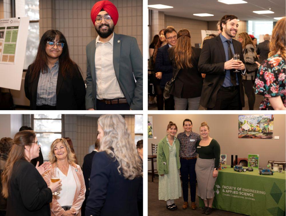 Collage of four photos showing people mixing and mingling at an event