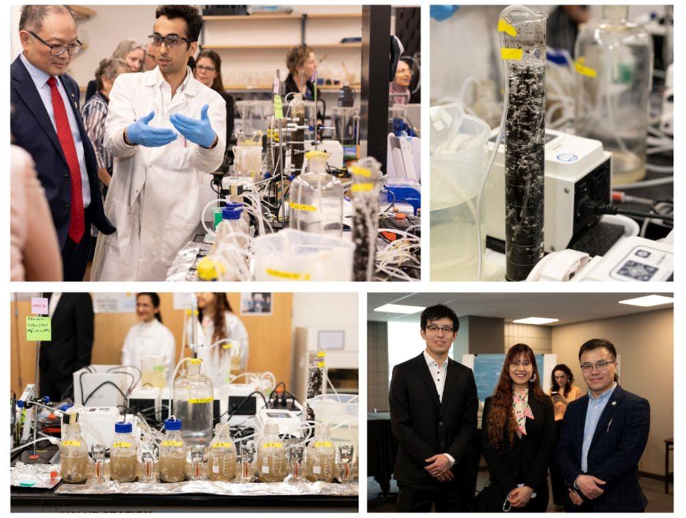 Collage of four photos showing people touring a research lab with graduate students and members of the community, as well as beakers, vials, and other research equipment.