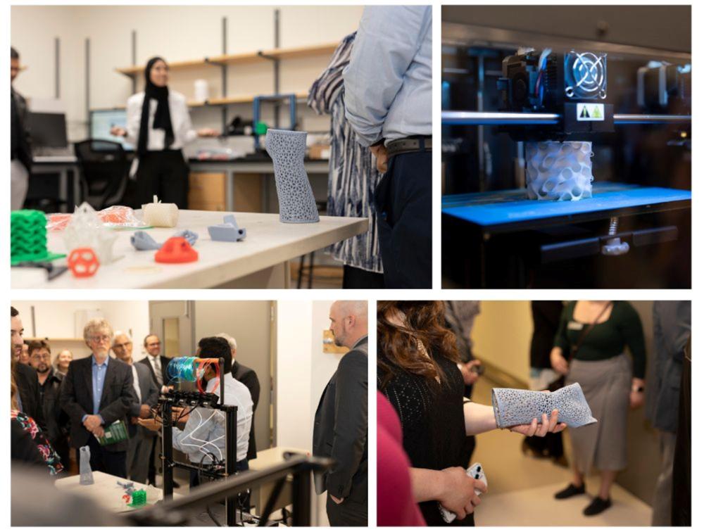 Collage of four photos of people touring a 3D printing research lab, the products printed, and printers.
