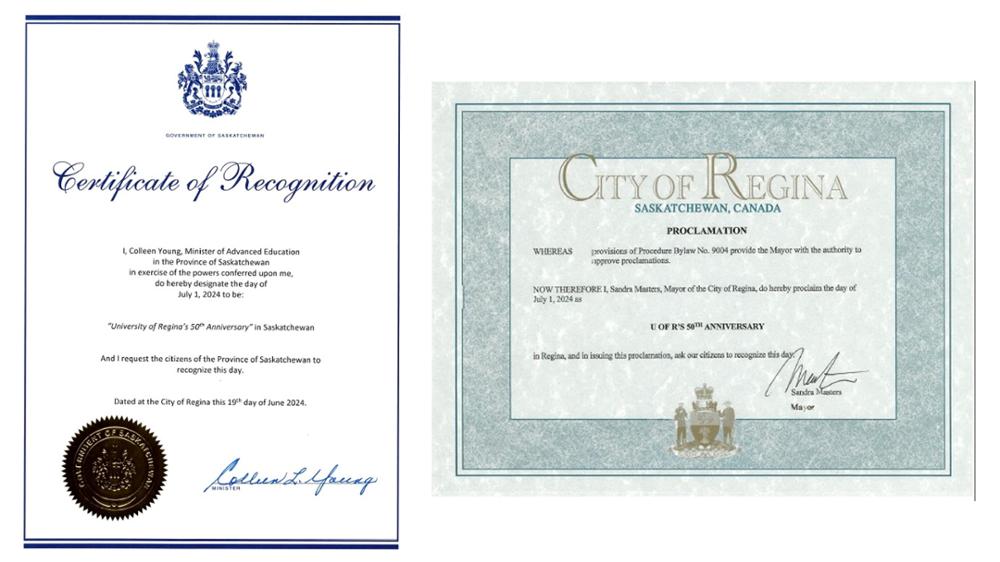 Two proclamations from the Government of Saskatchewan and the City of Regina, proclaiming July 1, 2024 as the 50th Anniversary of the University of Regina.