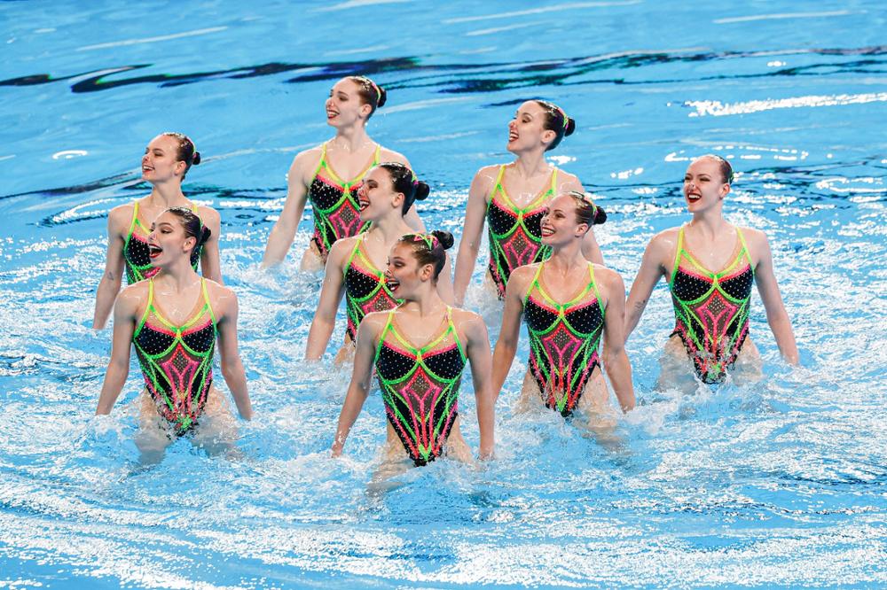 The Canadian Artistic Swimming team in action during a competition.