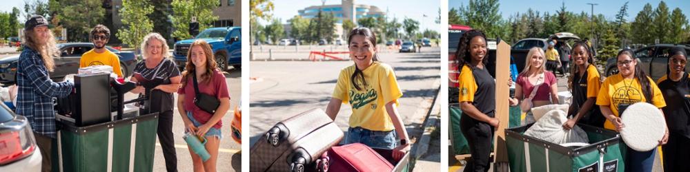 Three photos in a row of students moving their belongings into residence.