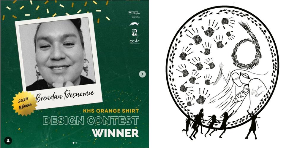 Left: A photo of a student on a green background. Right: An image of the student’s t-shirt design.