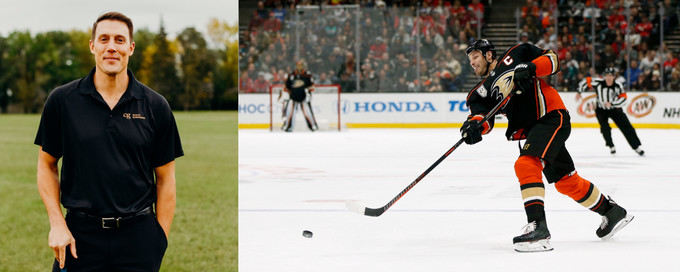 An individual standing on grass with trees in the background; an individual playing hockey with a referee and a goalie in the background.