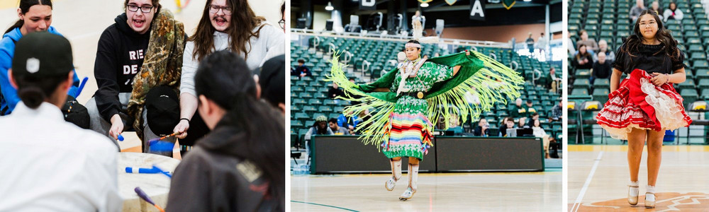 A row of three photos: a First Nations drum group, a First Nations dancer, and a Métis dancer.