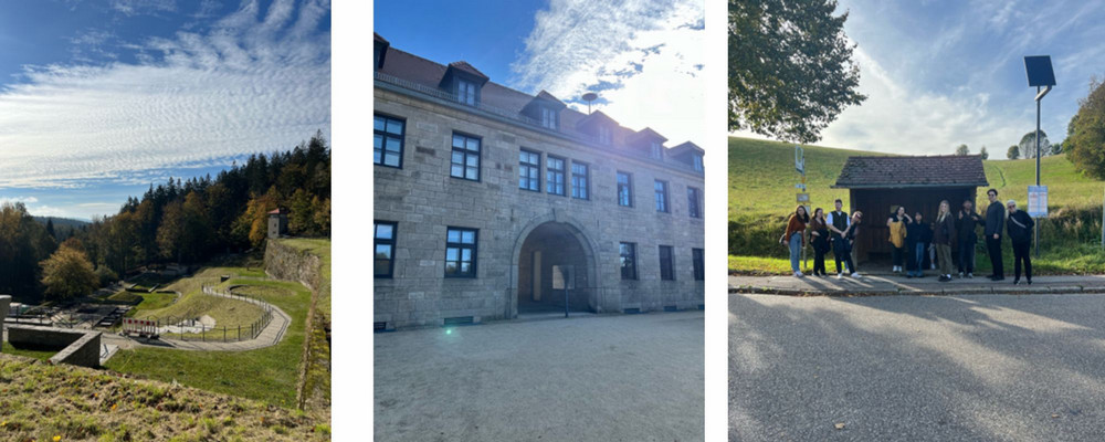 A series of three photos of a visit to the Flossenbürg Concentration Camp Memorial Site