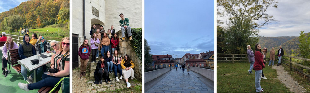 A series of four photos of individuals exploring Kelheim and Weltenburg Monastery in Germany.