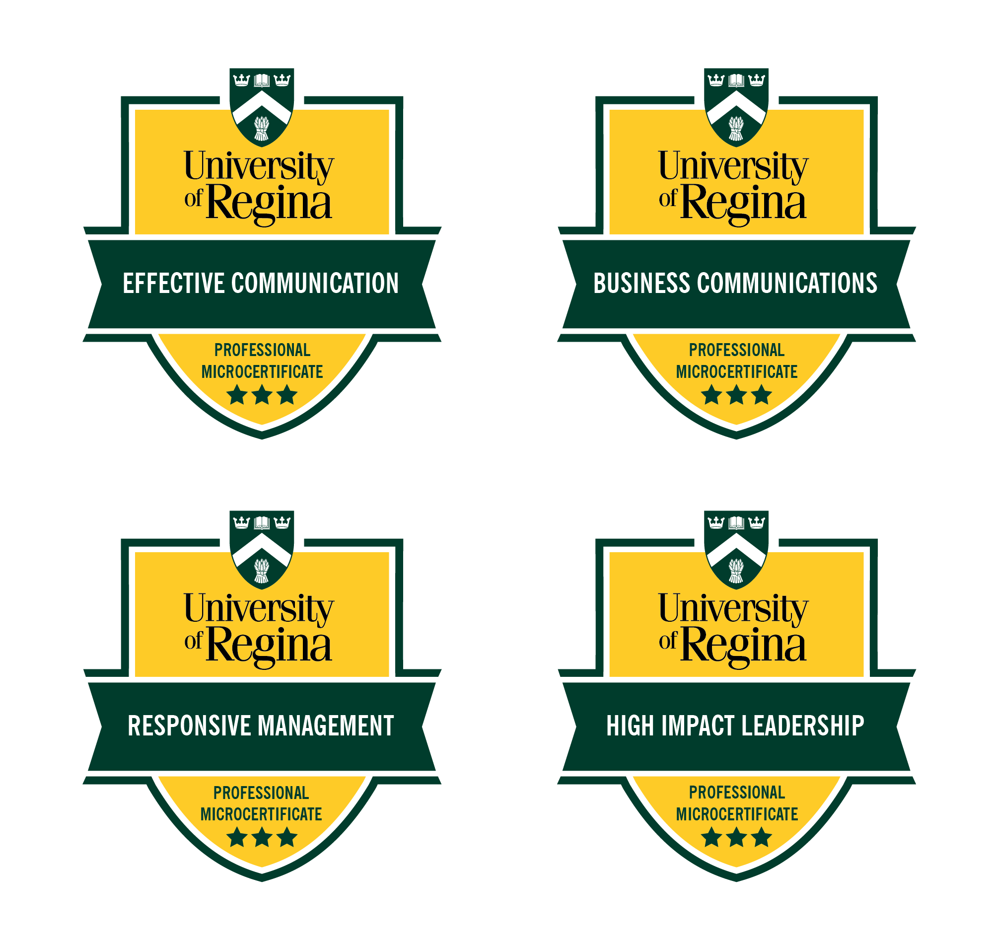 Four badges with the names of the professional microcertificates and University of Regina as labels.