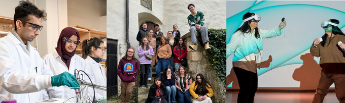 Three photos side by side with the first photo capturing one male and two female students in lab coats, second with a group of students standing or sitting on stairs outside an older building, and the third has two female students with goggles on engaging in a virtual reality game.