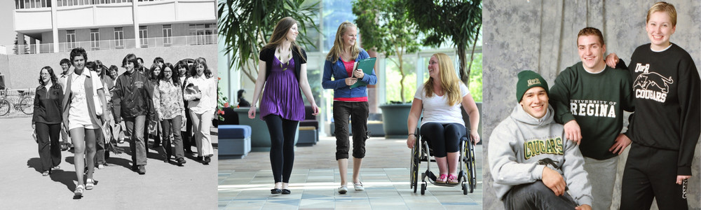 Three photos in a row with photo one showing a group of students walking towards the camera, the second photo showing two female students walking and one female student in a wheelchair in the hallway, and the third photo showing two male and one female student with U of R-branded athletic clothing posing and smiling for the camera in a studio.