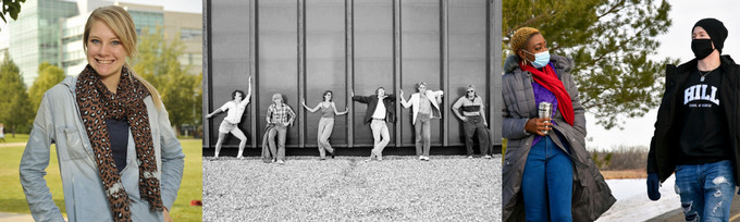 Three photos in a row with photo one showing a young woman standing, smiling, and wearing a scarf around her neck, photo two showing six students from more than 30 years ago in various poses, and the third showing two students wearing face masks while walking.