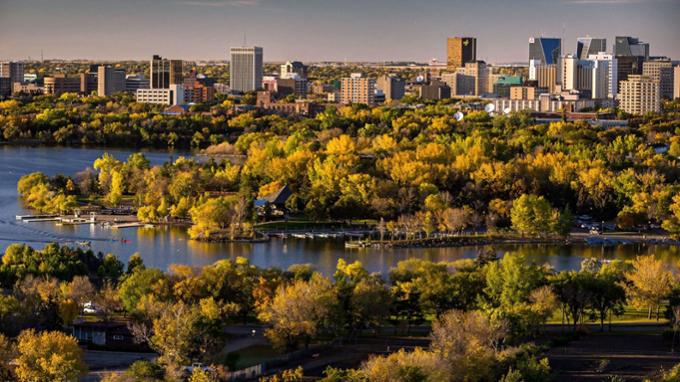 Aerial view of Wascana Centre and downtown Regina